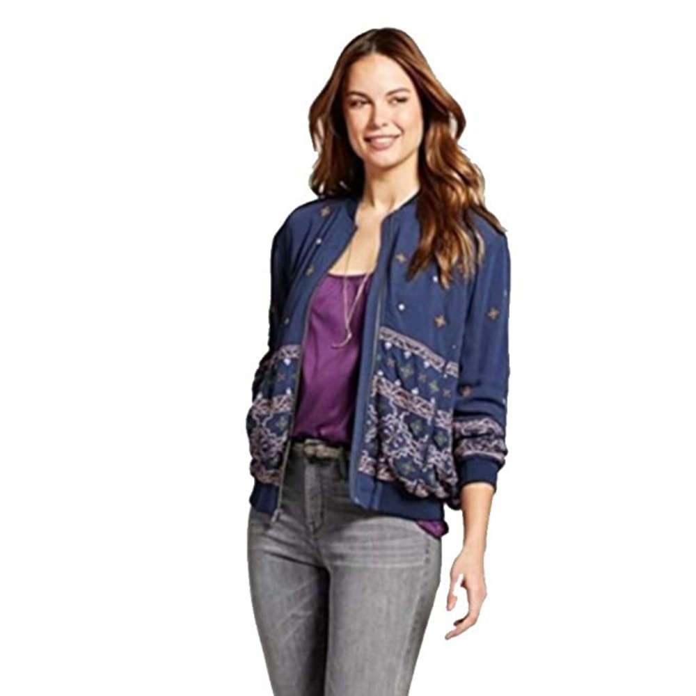 KNOX ROSE embroidered navy blue bomber jacket